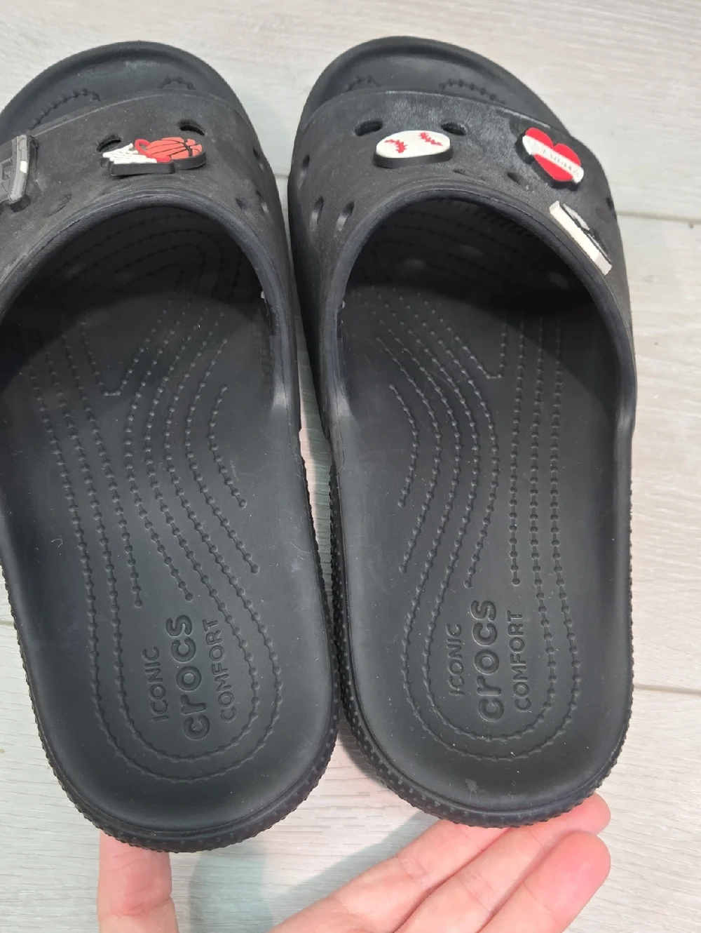 Crocs Women Black Slide Sandals with Sport Charms Flats Shoes Sz W12 M10